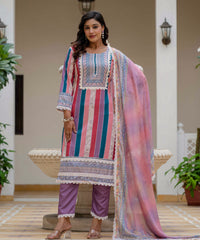 Women's Rayon Slub Embroidered Kurta Pant Set with Printed Chinon Dupatta thumbnail