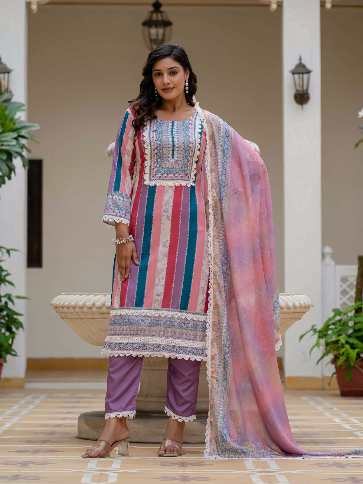 Women's Rayon Slub Embroidered Kurta Pant Set with Printed Chinon Dupatta