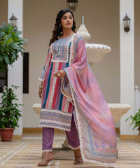 Women's Rayon Slub Embroidered Kurta Pant Set with Printed Chinon Dupatta thumbnail
