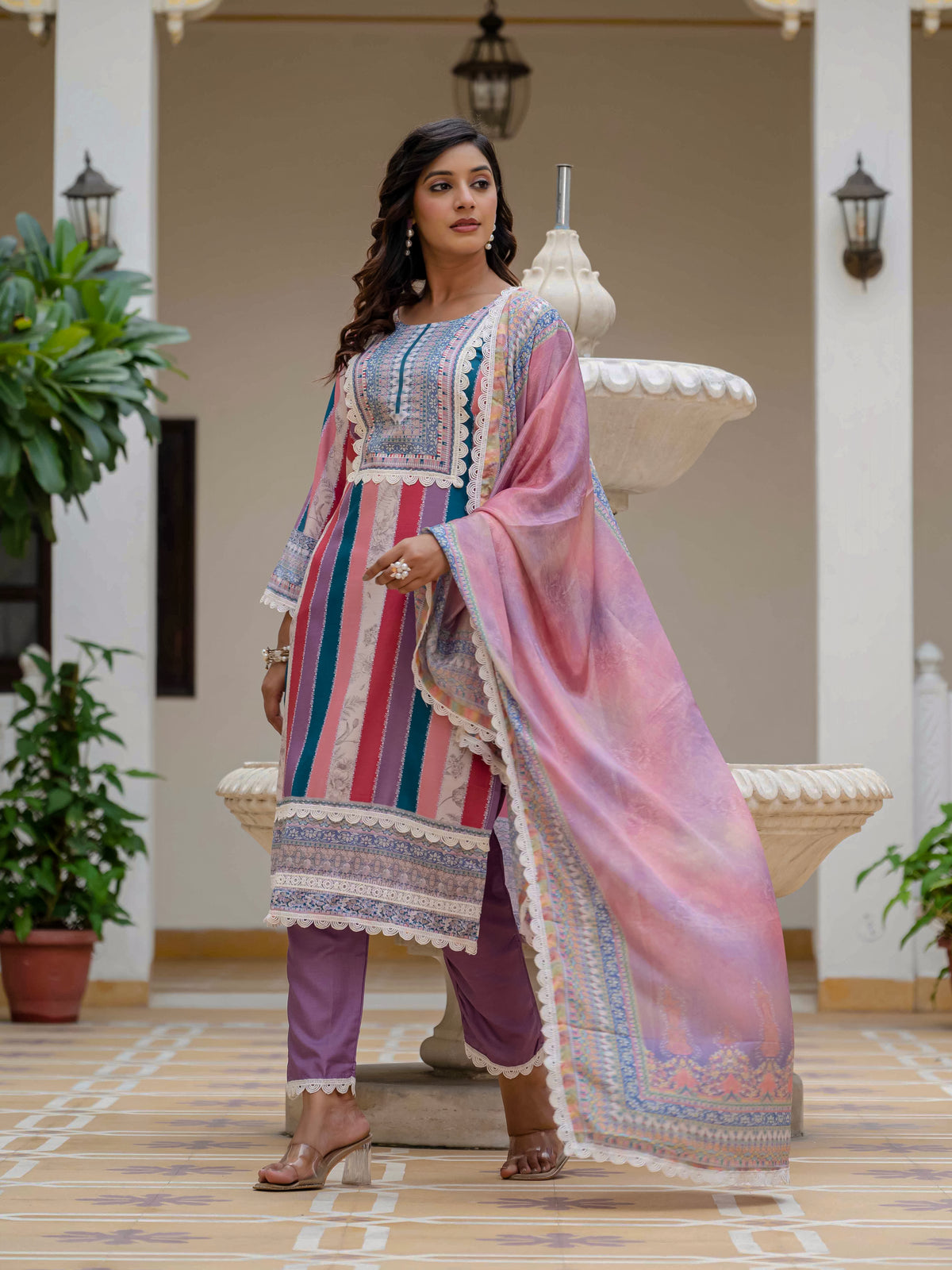 Women's Rayon Slub Embroidered Kurta Pant Set with Printed Chinon Dupatta