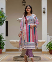 Women's Rayon Slub Embroidered Kurta Pant Set with Printed Chinon Dupatta thumbnail