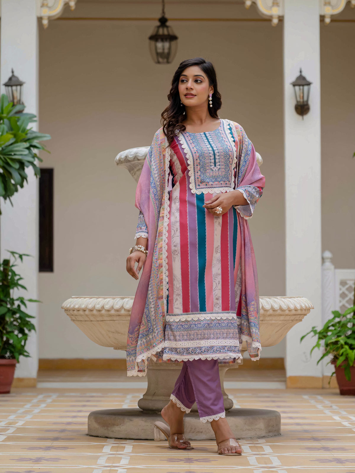 Women's Rayon Slub Embroidered Kurta Pant Set with Printed Chinon Dupatta