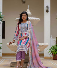 Women's Rayon Slub Embroidered Kurta Pant Set with Printed Chinon Dupatta thumbnail