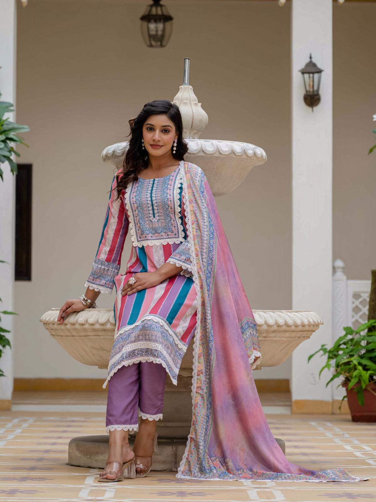 Women's Rayon Slub Embroidered Kurta Pant Set with Printed Chinon Dupatta