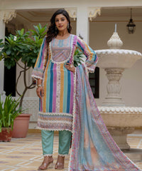 Women's Rayon Slub Embroidered Kurta Pant Set with Printed Chinon Dupatta thumbnail