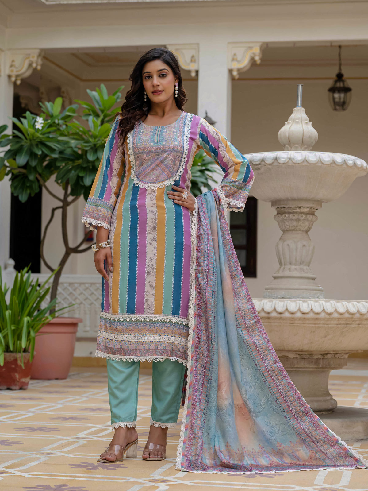 Women's Rayon Slub Embroidered Kurta Pant Set with Printed Chinon Dupatta