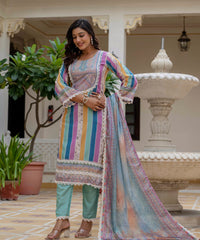 Women's Rayon Slub Embroidered Kurta Pant Set with Printed Chinon Dupatta thumbnail