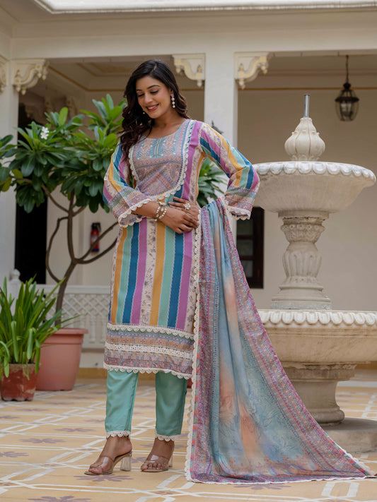 Women's Rayon Slub Embroidered Kurta Pant Set with Printed Chinon Dupatta