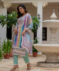 Women's Rayon Slub Embroidered Kurta Pant Set with Printed Chinon Dupatta thumbnail