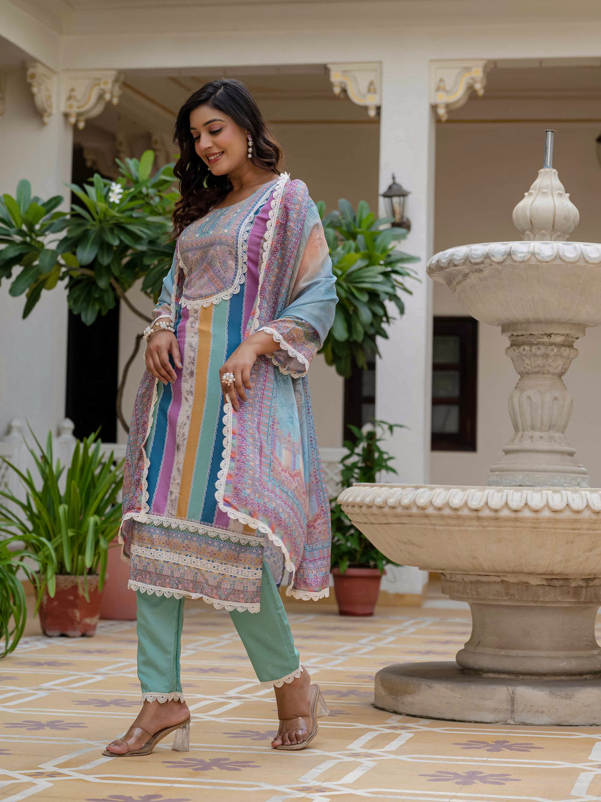 Women's Rayon Slub Embroidered Kurta Pant Set with Printed Chinon Dupatta