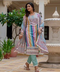 Women's Rayon Slub Embroidered Kurta Pant Set with Printed Chinon Dupatta thumbnail