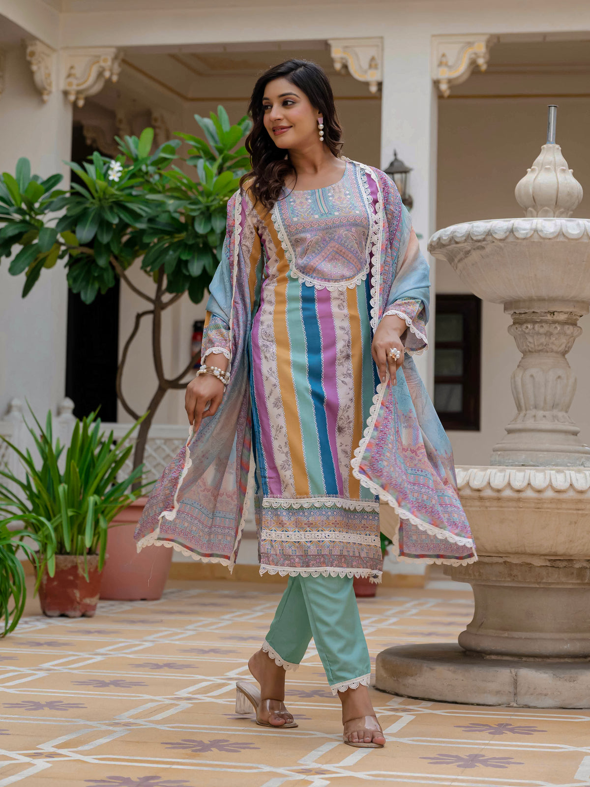 Women's Rayon Slub Embroidered Kurta Pant Set with Printed Chinon Dupatta