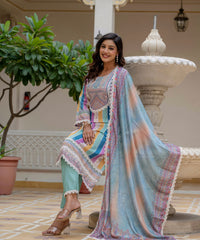 Women's Rayon Slub Embroidered Kurta Pant Set with Printed Chinon Dupatta thumbnail