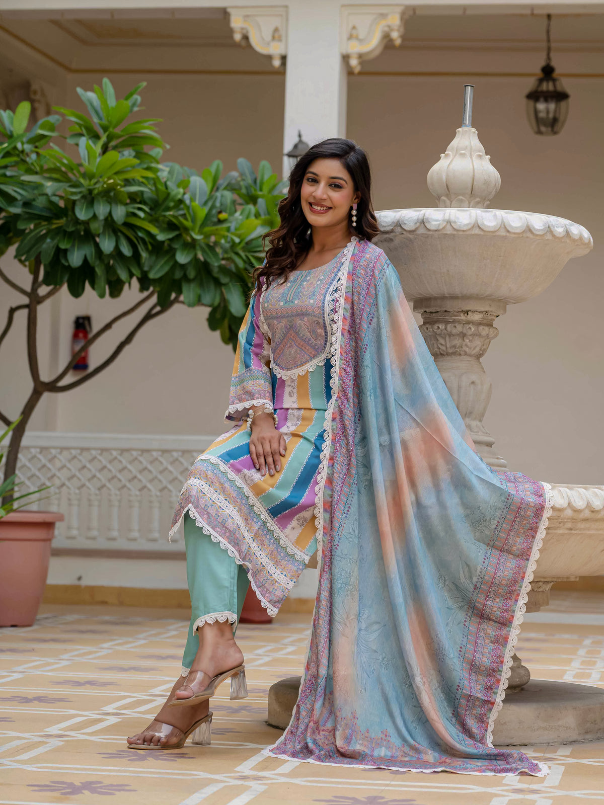 Women's Rayon Slub Embroidered Kurta Pant Set with Printed Chinon Dupatta
