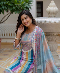 Women's Rayon Slub Embroidered Kurta Pant Set with Printed Chinon Dupatta thumbnail