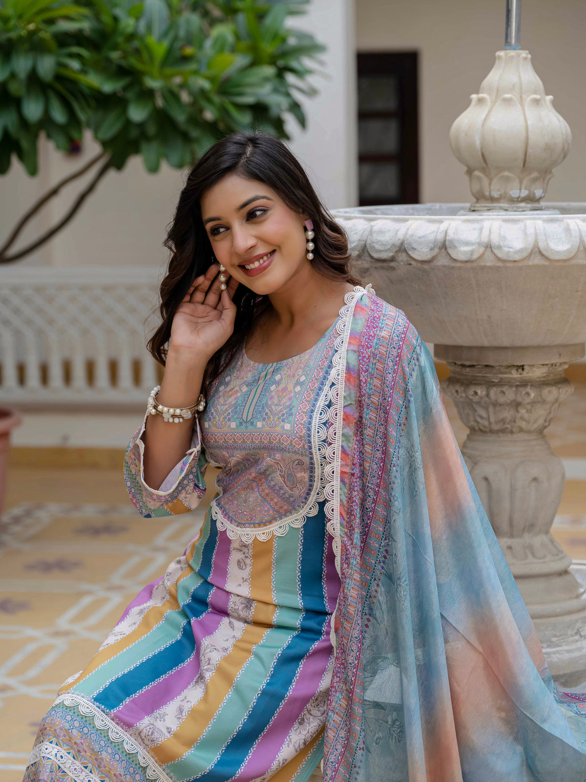 Women's Rayon Slub Embroidered Kurta Pant Set with Printed Chinon Dupatta