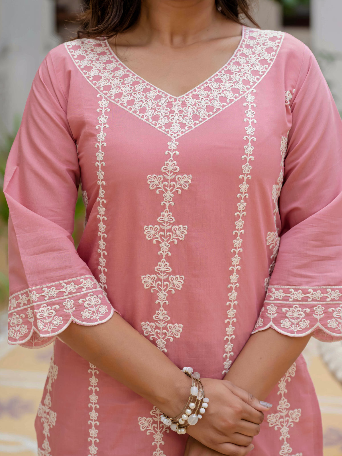 Women's Baby Pink Roman Silk Embroidered Kurta Pant Set with Organza Dupatta