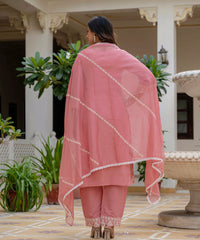 Women's Baby Pink Roman Silk Embroidered Kurta Pant Set with Organza Dupatta thumbnail