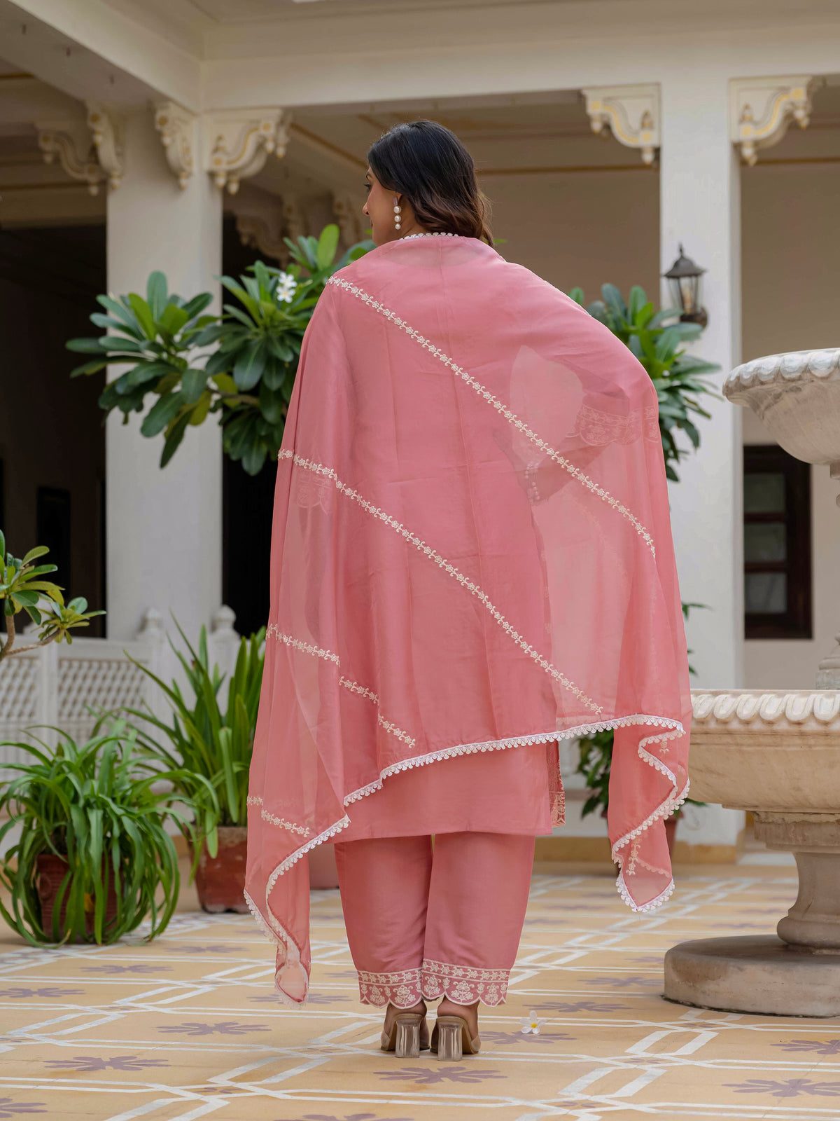 Women's Baby Pink Roman Silk Embroidered Kurta Pant Set with Organza Dupatta