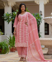 Women's Baby Pink Roman Silk Embroidered Kurta Pant Set with Organza Dupatta thumbnail