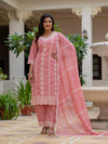 Women's Baby Pink Roman Silk Embroidered Kurta Pant Set with Organza Dupatta