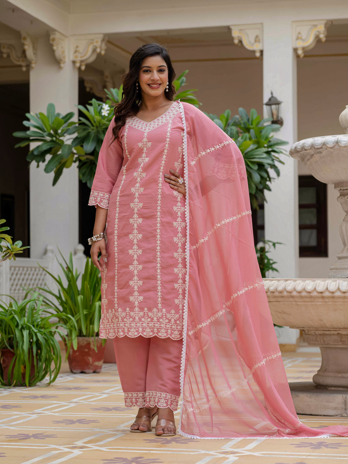 Women's Baby Pink Roman Silk Embroidered Kurta Pant Set with Organza Dupatta