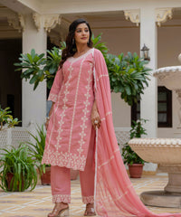 Women's Baby Pink Roman Silk Embroidered Kurta Pant Set with Organza Dupatta thumbnail