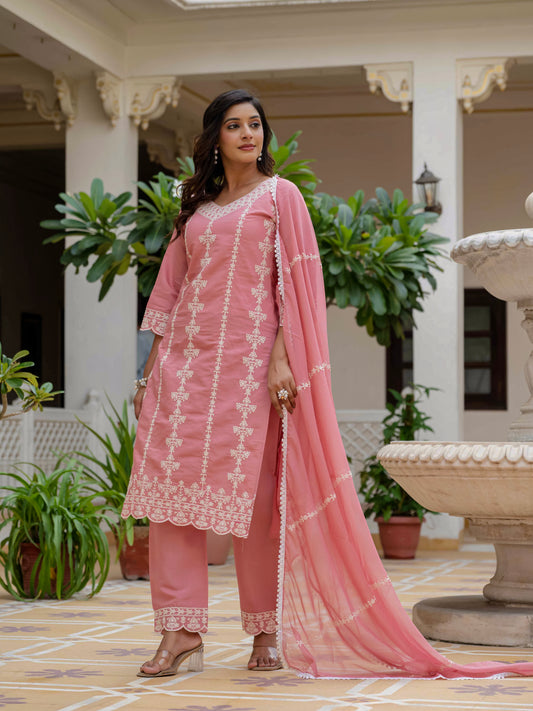 Women's Baby Pink Roman Silk Embroidered Kurta Pant Set with Organza Dupatta