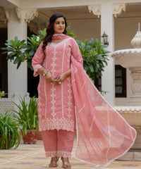 Women's Baby Pink Roman Silk Embroidered Kurta Pant Set with Organza Dupatta thumbnail
