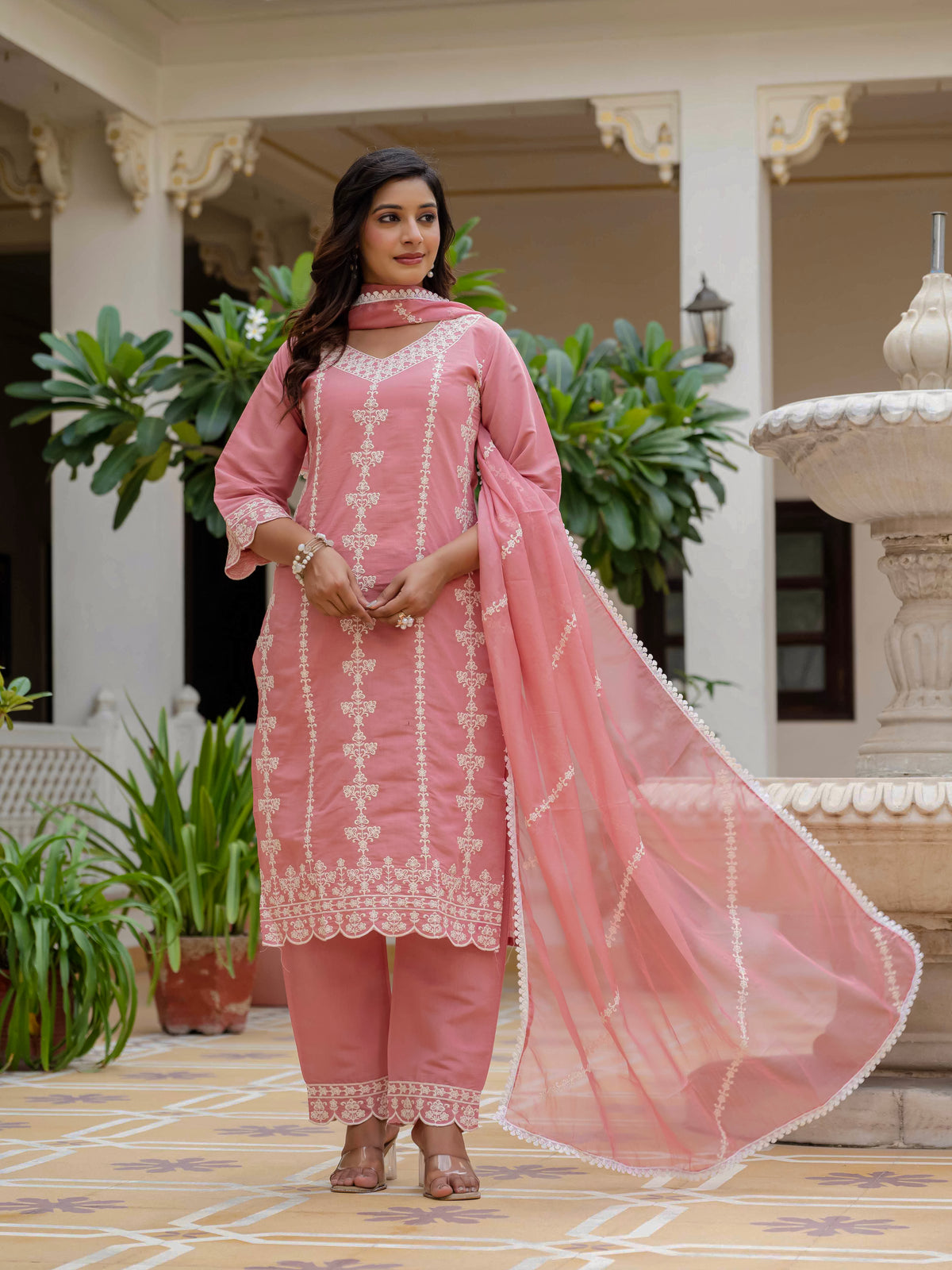 Women's Baby Pink Roman Silk Embroidered Kurta Pant Set with Organza Dupatta