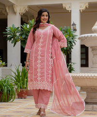 Women's Baby Pink Roman Silk Embroidered Kurta Pant Set with Organza Dupatta thumbnail
