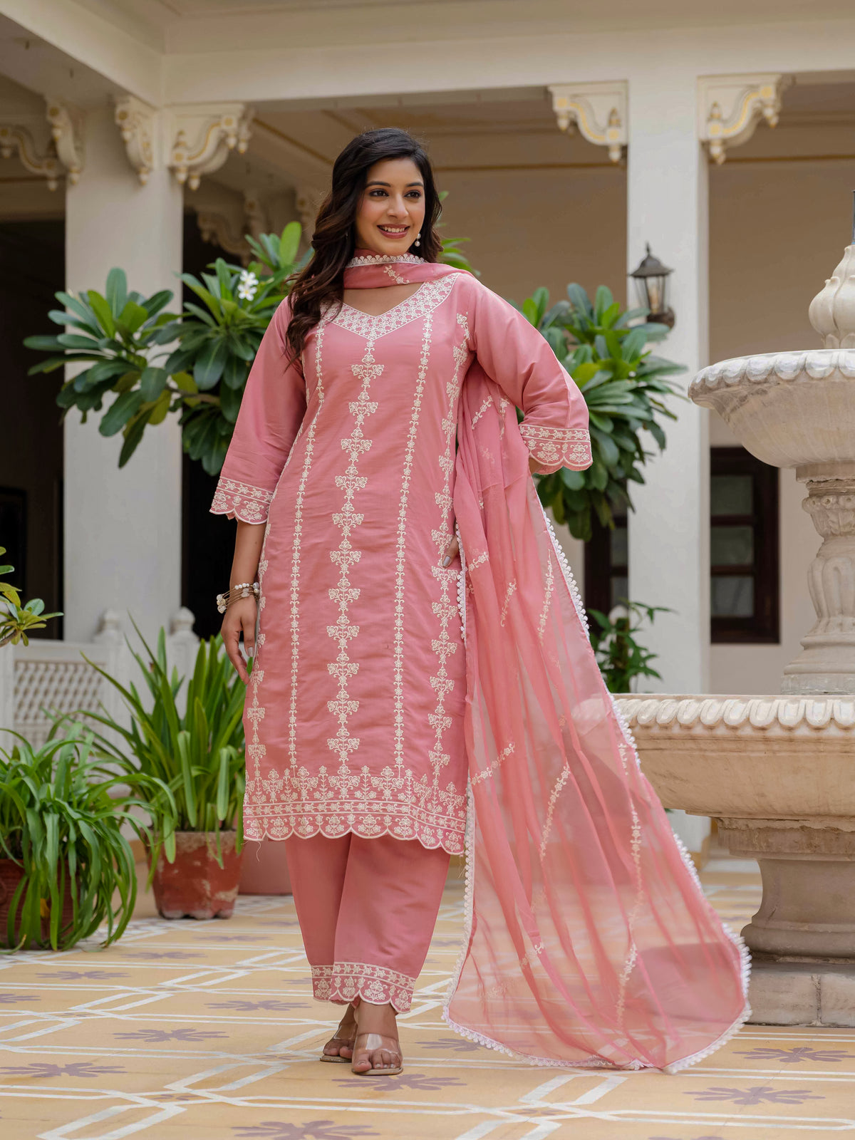 Women's Baby Pink Roman Silk Embroidered Kurta Pant Set with Organza Dupatta