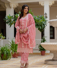 Women's Baby Pink Roman Silk Embroidered Kurta Pant Set with Organza Dupatta thumbnail
