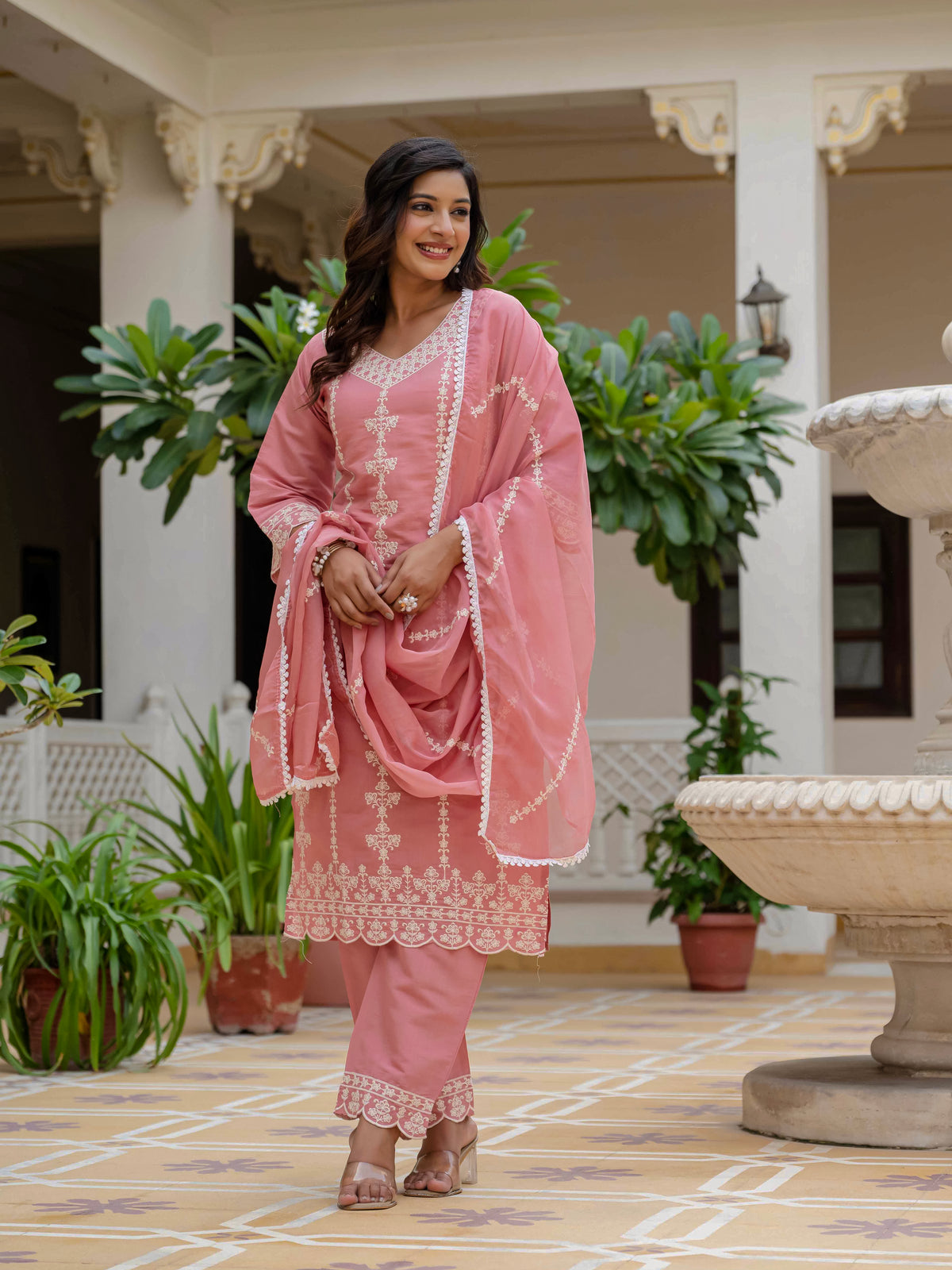 Women's Baby Pink Roman Silk Embroidered Kurta Pant Set with Organza Dupatta