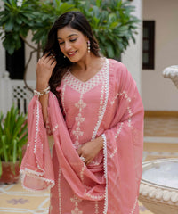 Women's Baby Pink Roman Silk Embroidered Kurta Pant Set with Organza Dupatta thumbnail