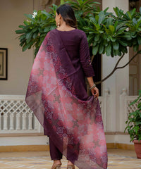 Women's Wine Roman Silk Embroidered Kurta Pant Set with Bandhani Dupatta thumbnail