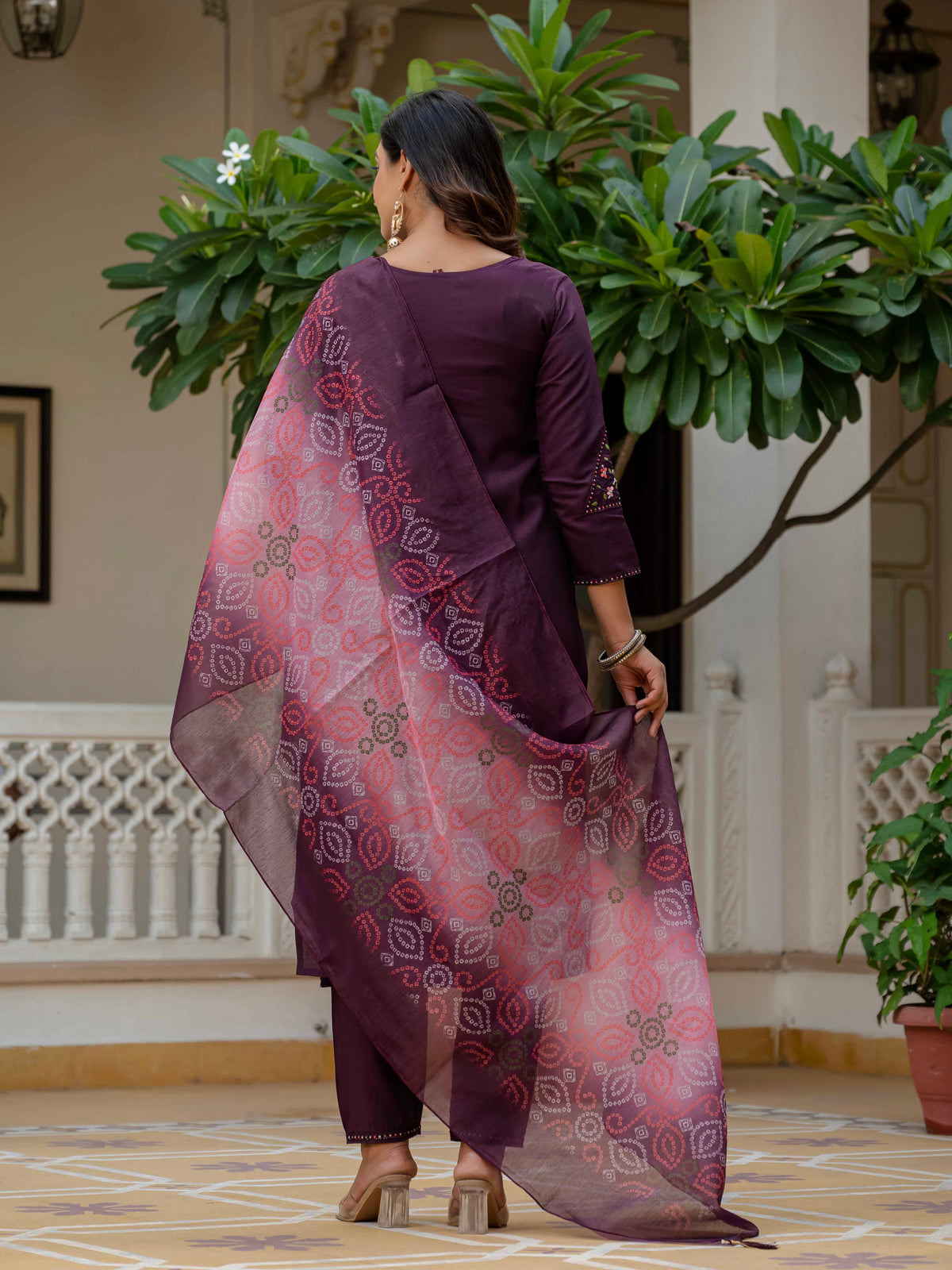 Women's Wine Roman Silk Embroidered Kurta Pant Set with Bandhani Dupatta