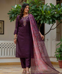 Women's Wine Roman Silk Embroidered Kurta Pant Set with Bandhani Dupatta thumbnail