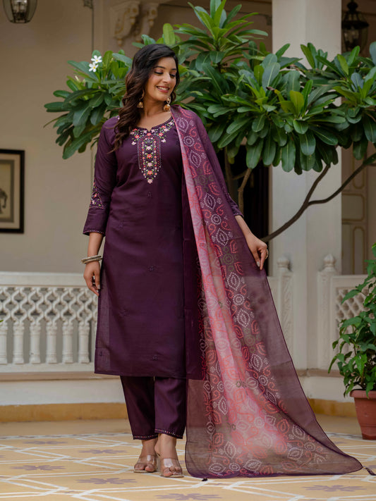 Women's Wine Roman Silk Embroidered Kurta Pant Set with Bandhani Dupatta