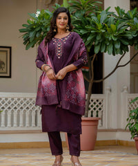 Women's Wine Roman Silk Embroidered Kurta Pant Set with Bandhani Dupatta thumbnail