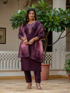 Women's Wine Roman Silk Embroidered Kurta Pant Set with Bandhani Dupatta