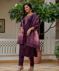 Women's Wine Roman Silk Embroidered Kurta Pant Set with Bandhani Dupatta thumbnail