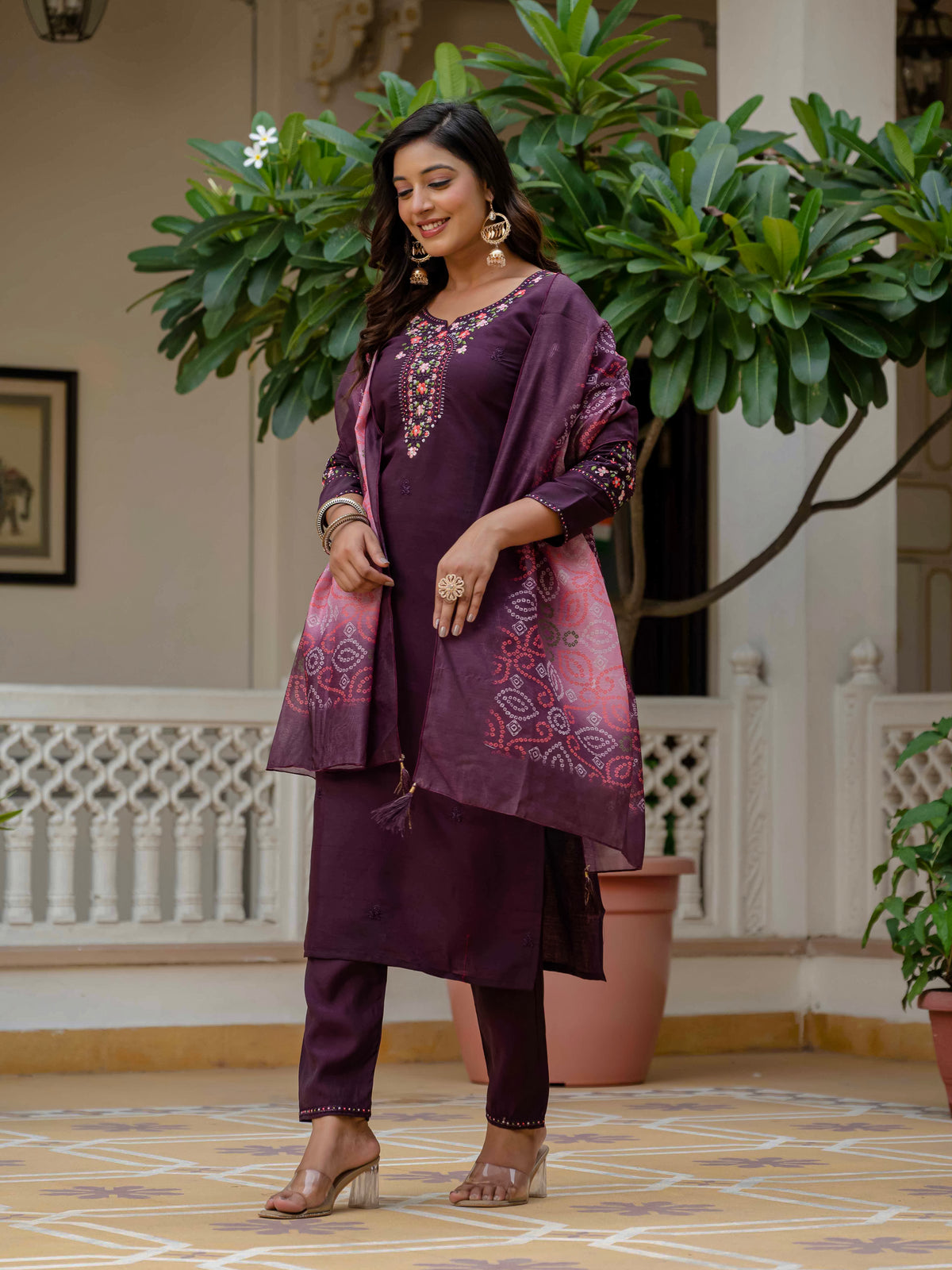 Women's Wine Roman Silk Embroidered Kurta Pant Set with Bandhani Dupatta
