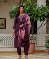 Women's Wine Roman Silk Embroidered Kurta Pant Set with Bandhani Dupatta thumbnail
