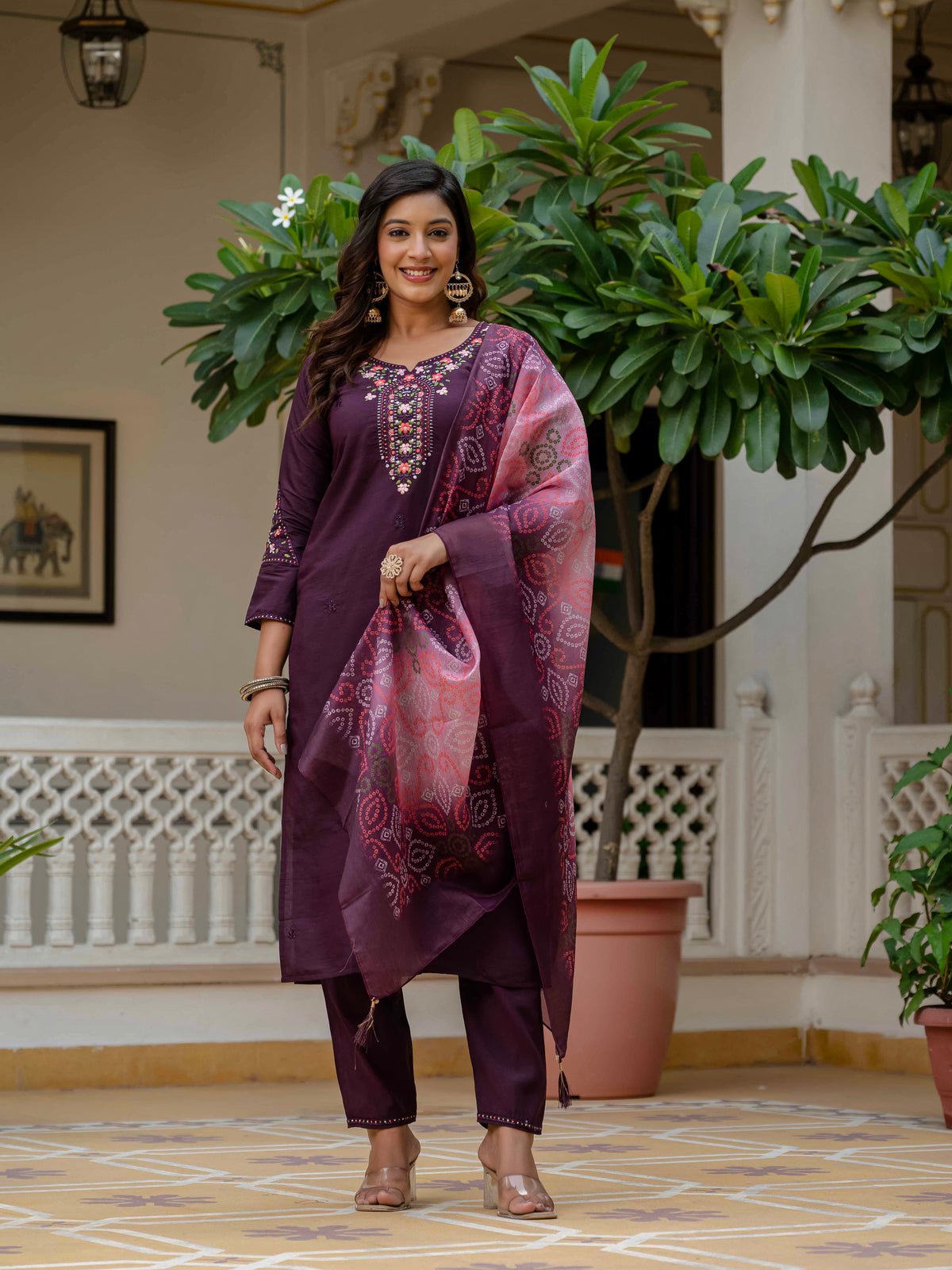 Women's Wine Roman Silk Embroidered Kurta Pant Set with Bandhani Dupatta