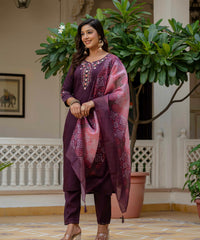 Women's Wine Roman Silk Embroidered Kurta Pant Set with Bandhani Dupatta thumbnail
