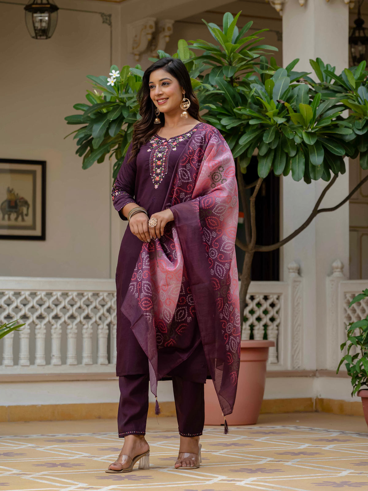 Women's Wine Roman Silk Embroidered Kurta Pant Set with Bandhani Dupatta