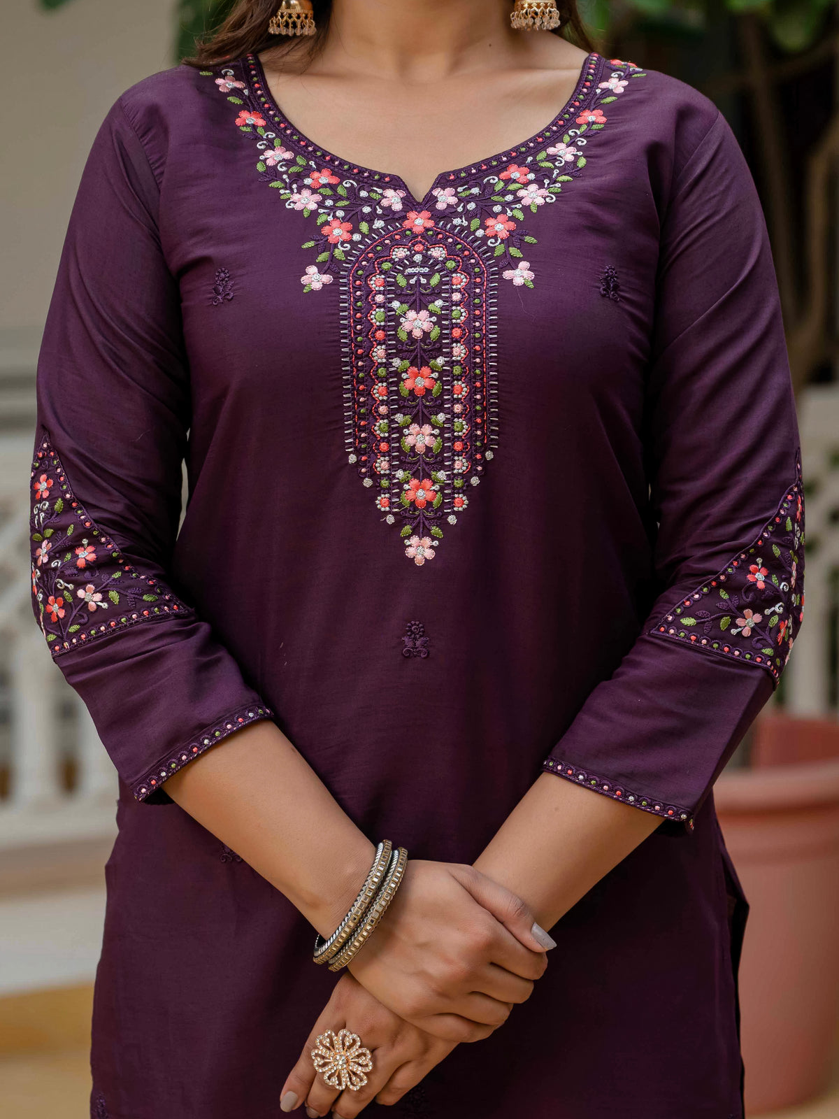 Women's Wine Roman Silk Embroidered Kurta Pant Set with Bandhani Dupatta