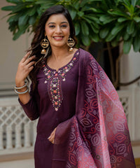 Women's Wine Roman Silk Embroidered Kurta Pant Set with Bandhani Dupatta thumbnail