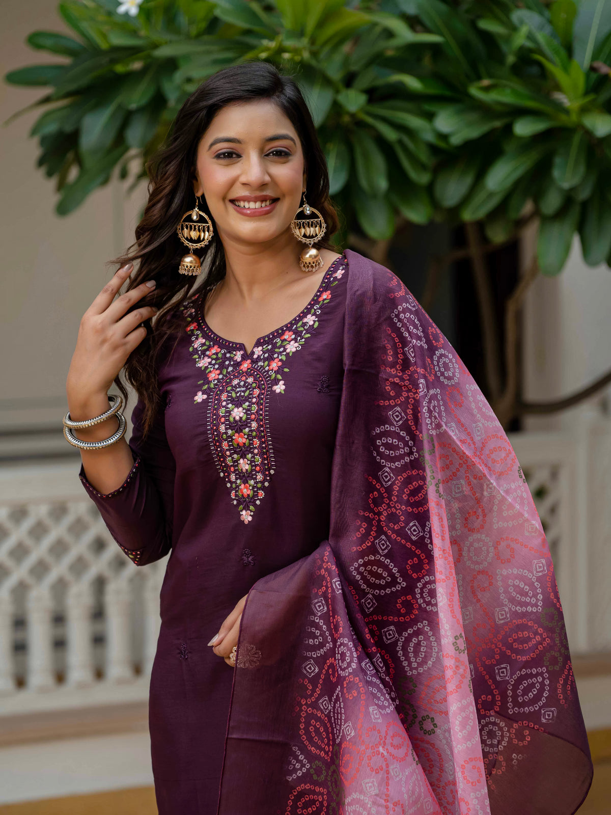 Women's Wine Roman Silk Embroidered Kurta Pant Set with Bandhani Dupatta
